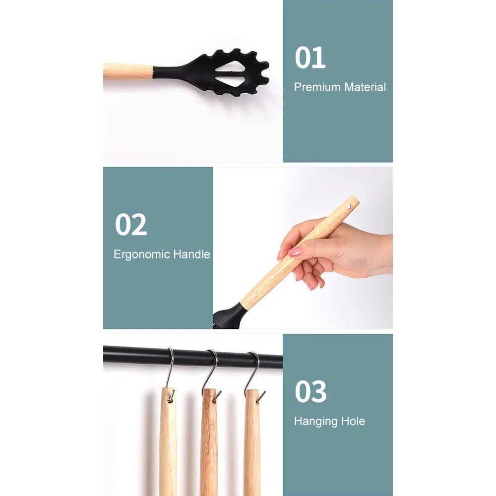 44PCS Silicone Kitchen Utensil Set with Wooden Handles – Non Stick Heat Resistant Cooking Tools | UK Stock