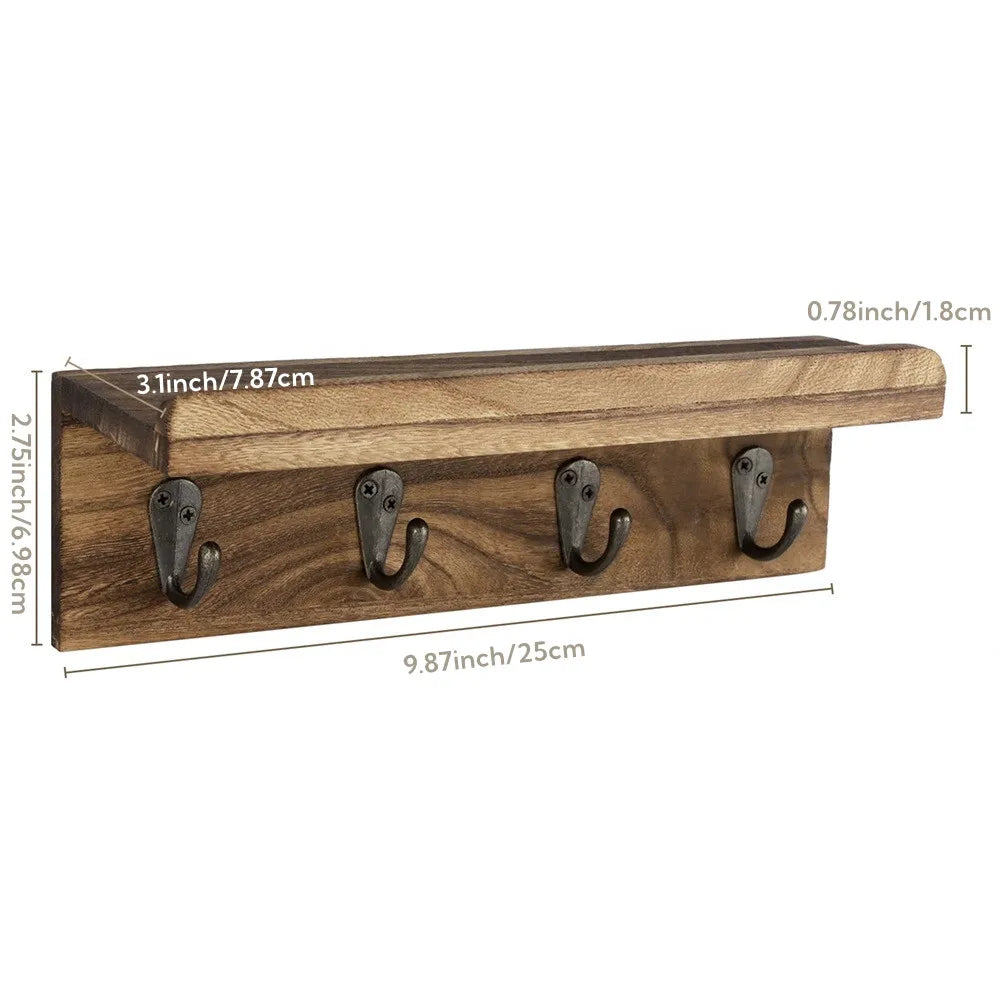 Rustic Wooden Key Holder for Wall with Shelf & 4 Hooks – Farmhouse Wall Mounted Key Rack | UK Home Decor