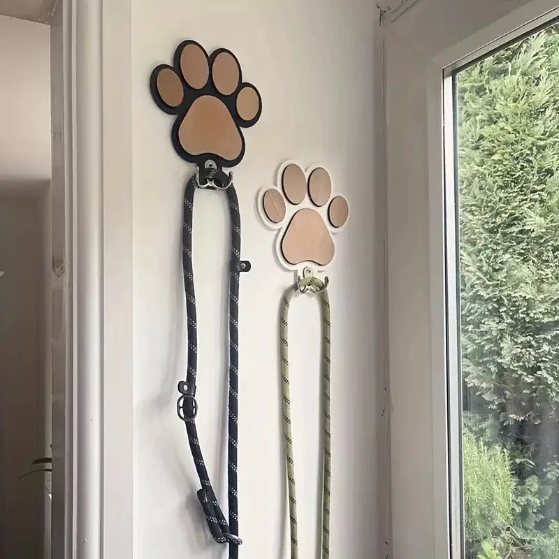 Wooden Paw Print Dog Leash Holder Wall Hook – Rustic Pet Collar & Coat Organizer | UK Pet Home Decor