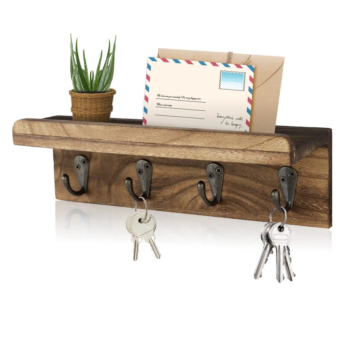 Rustic Wooden Key Holder for Wall with Shelf & 4 Hooks – Farmhouse Wall Mounted Key Rack | UK Home Decor