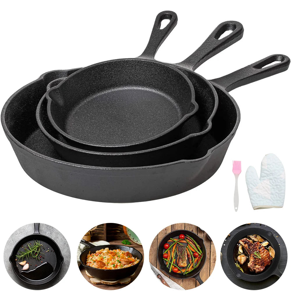 3PCS Cast Iron Frying Pan Set – Heavy Duty Uncoated Black Skillets for Frying, Cooking & Omelette | UK Stock