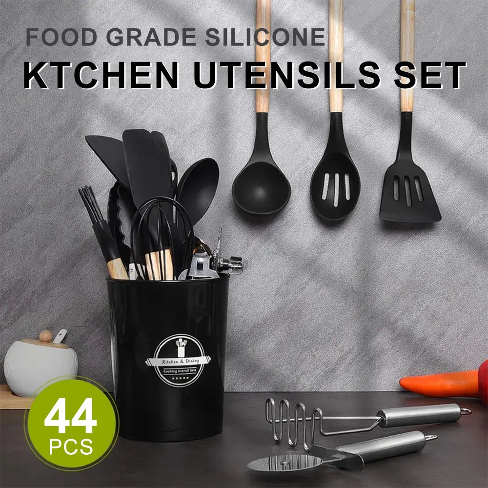 44PCS Silicone Kitchen Utensil Set with Wooden Handles – Non Stick Heat Resistant Cooking Tools | UK Stock
