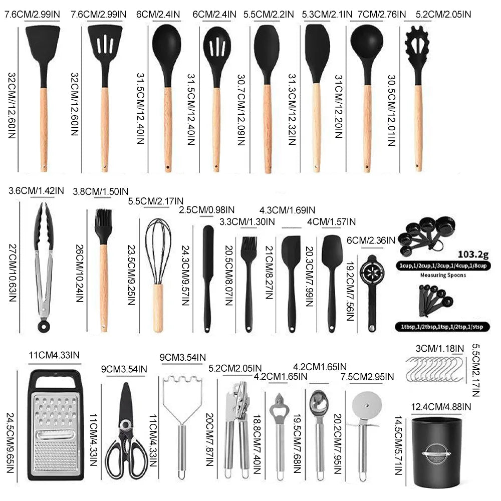 44PCS Silicone Kitchen Utensil Set with Wooden Handles – Non Stick Heat Resistant Cooking Tools | UK Stock