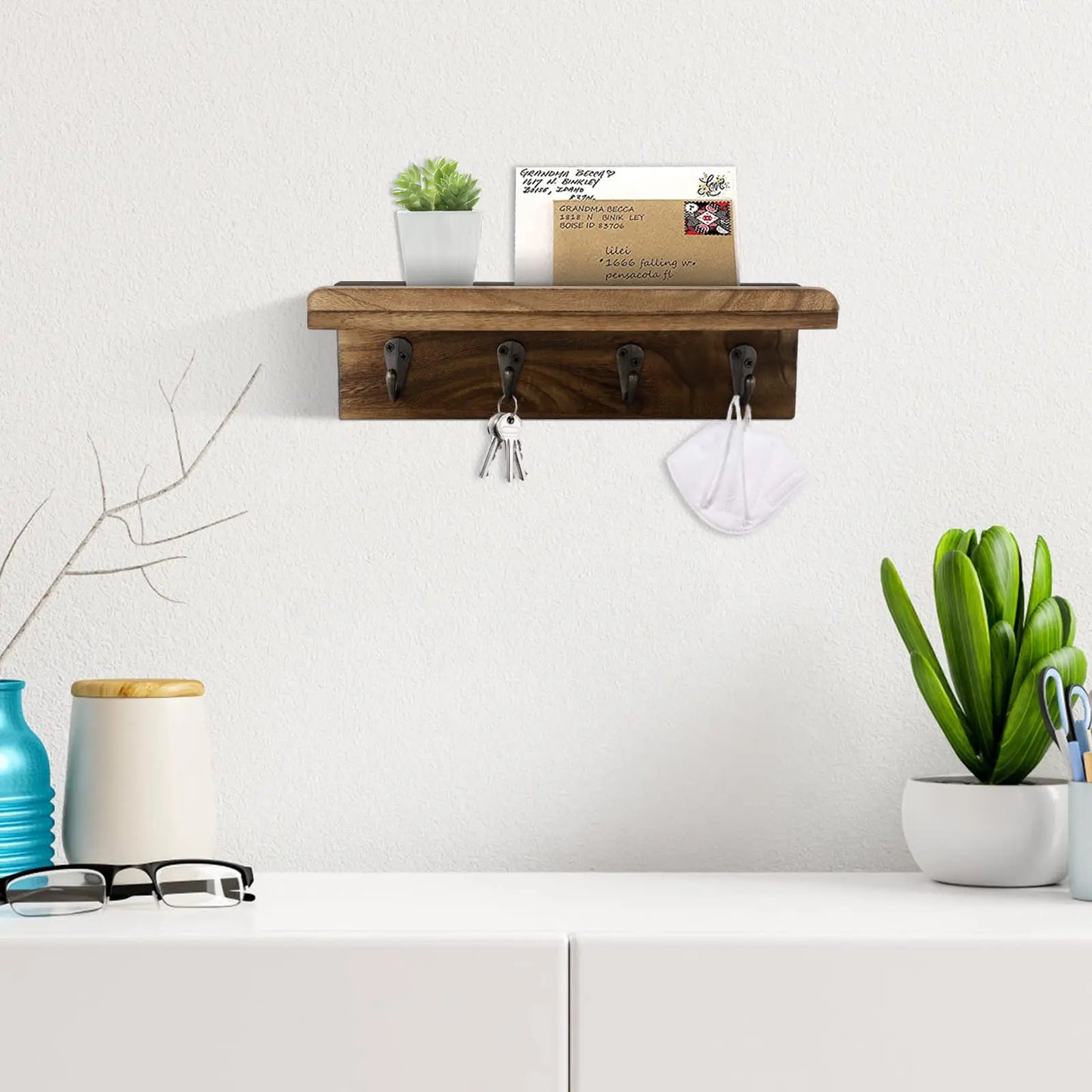 Rustic Wooden Key Holder for Wall with Shelf & 4 Hooks – Farmhouse Wall Mounted Key Rack | UK Home Decor