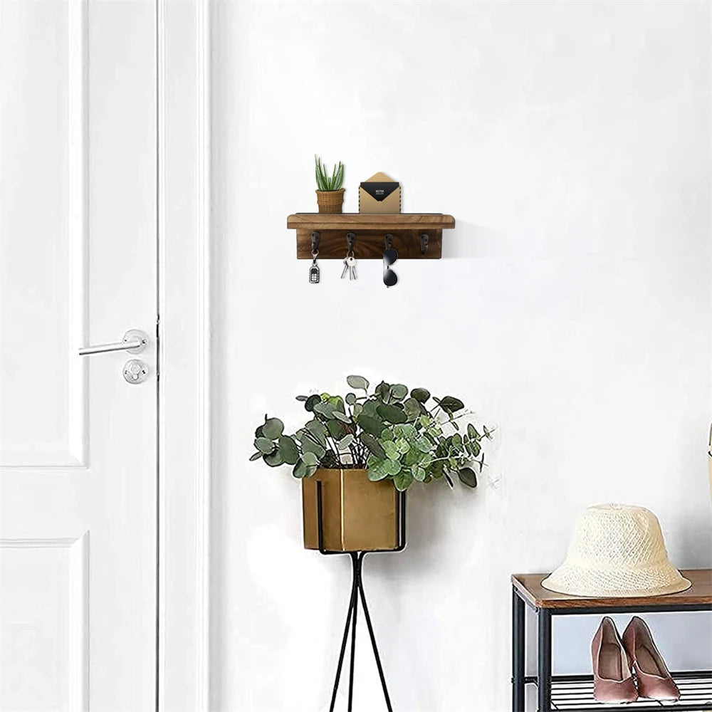 Rustic Wooden Key Holder for Wall with Shelf & 4 Hooks – Farmhouse Wall Mounted Key Rack | UK Home Decor