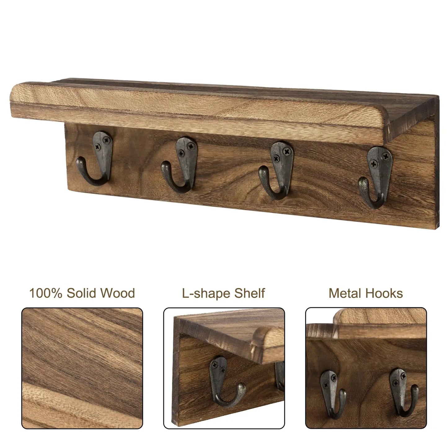 Rustic Wooden Key Holder for Wall with Shelf & 4 Hooks – Farmhouse Wall Mounted Key Rack | UK Home Decor