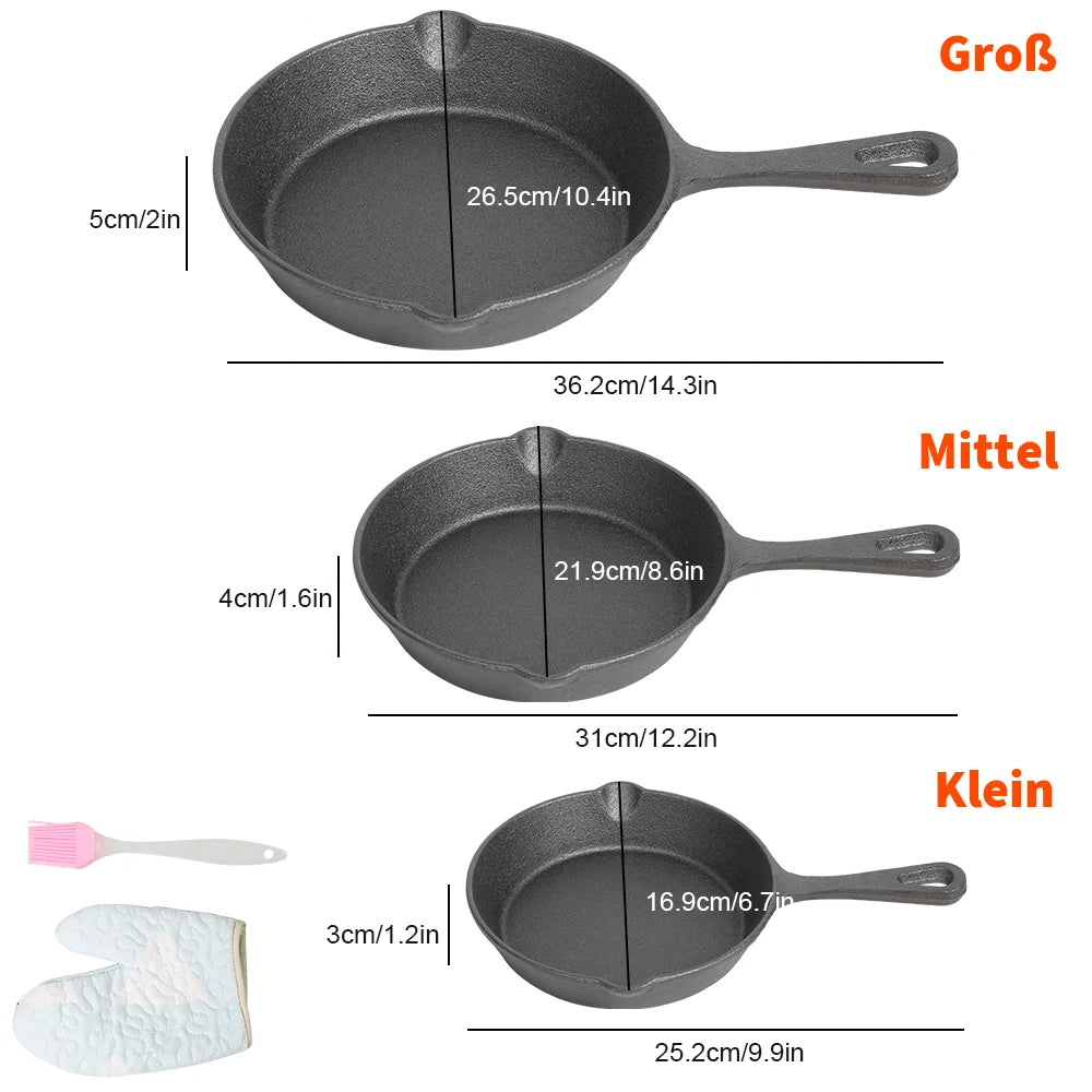 3PCS Cast Iron Frying Pan Set – Heavy Duty Uncoated Black Skillets for Frying, Cooking & Omelette | UK Stock