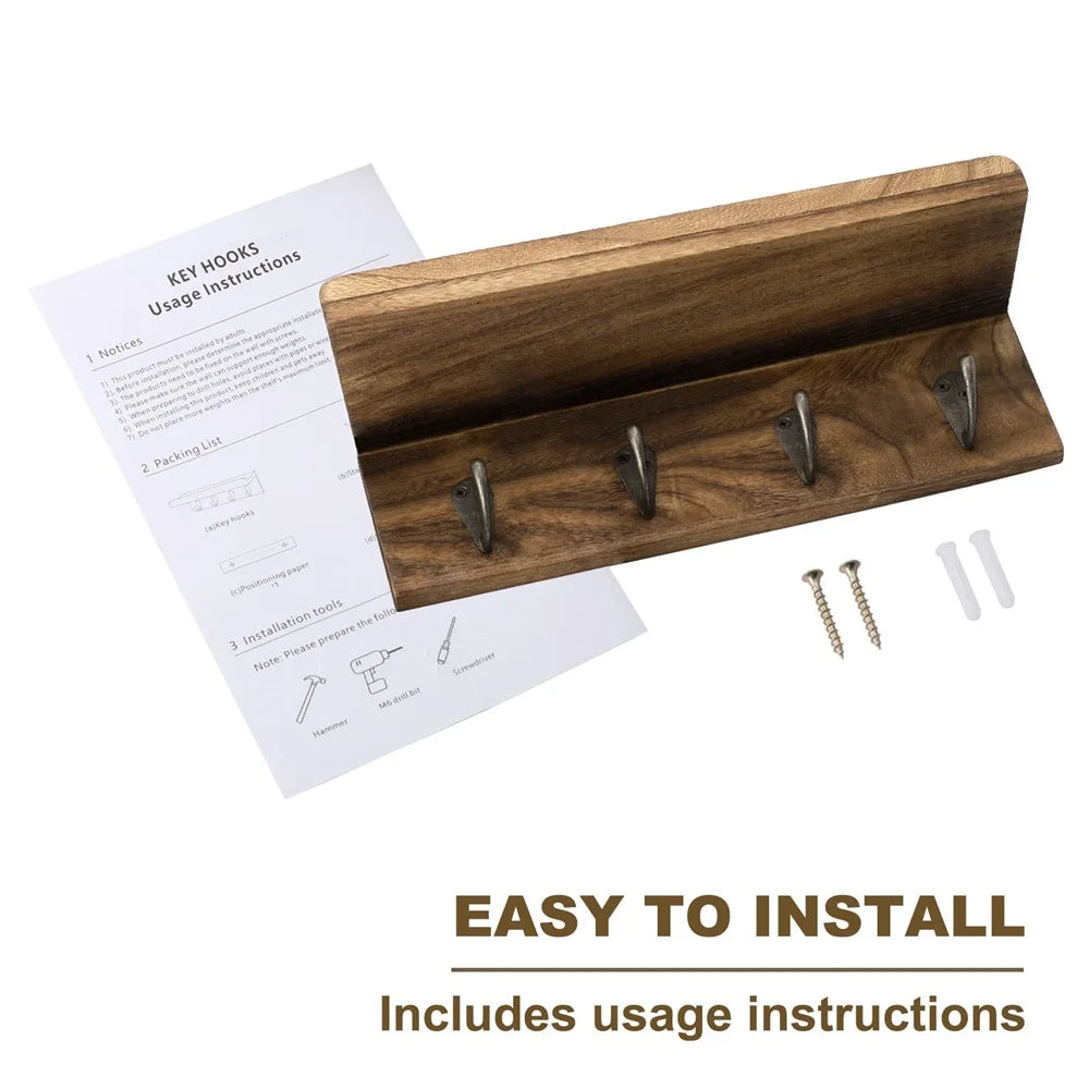 Rustic Wooden Key Holder for Wall with Shelf & 4 Hooks – Farmhouse Wall Mounted Key Rack | UK Home Decor