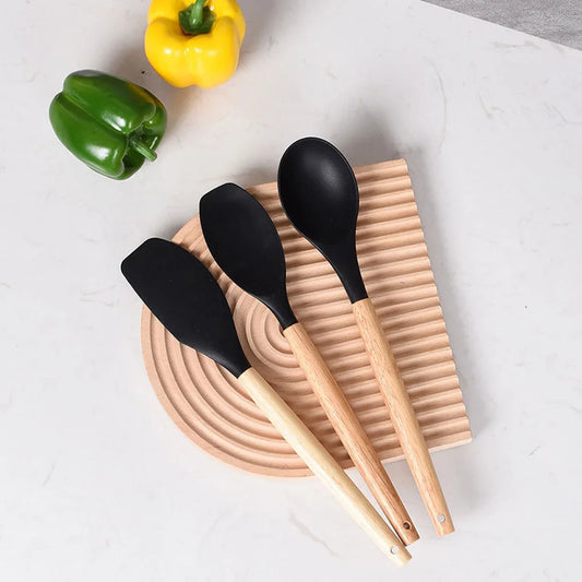 44PCS Silicone Kitchen Utensil Set with Wooden Handles – Non Stick Heat Resistant Cooking Tools | UK Stock