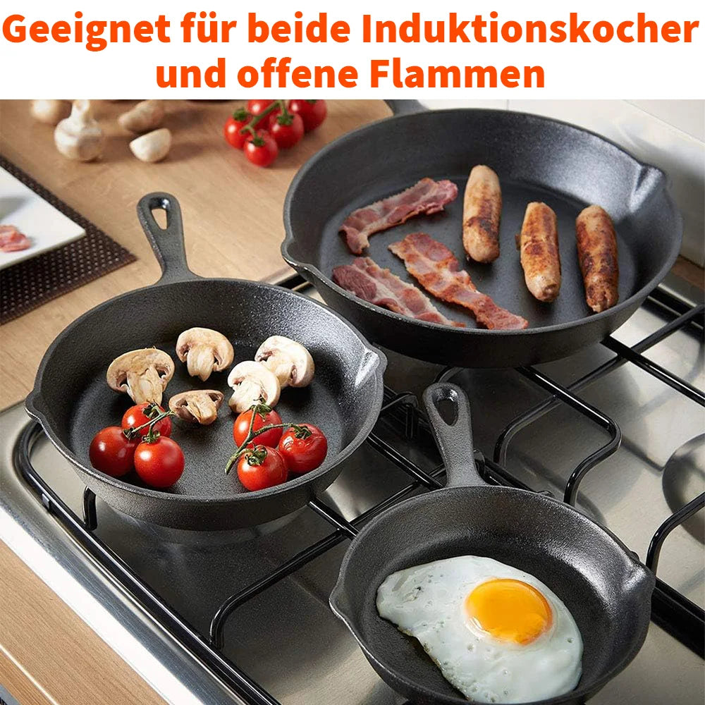 3PCS Cast Iron Frying Pan Set – Heavy Duty Uncoated Black Skillets for Frying, Cooking & Omelette | UK Stock