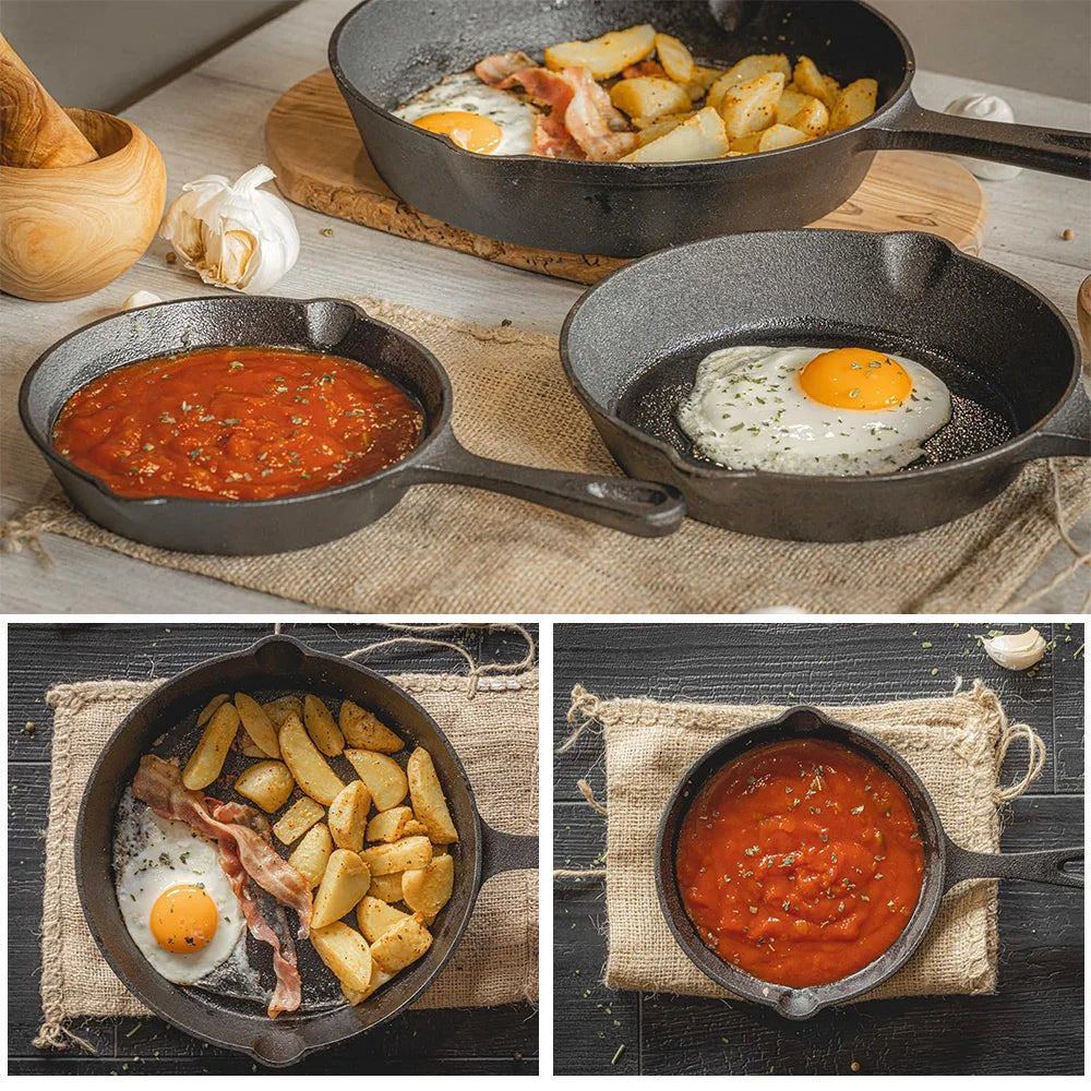 3PCS Cast Iron Frying Pan Set – Heavy Duty Uncoated Black Skillets for Frying, Cooking & Omelette | UK Stock